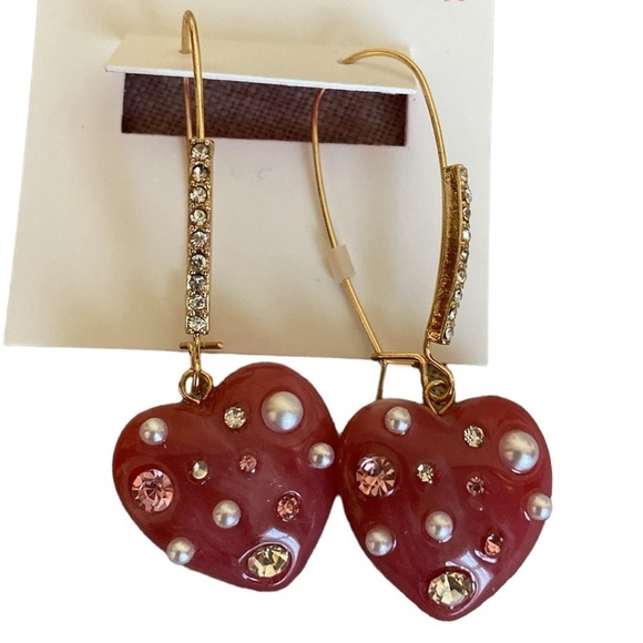 Betsey Johnson Heart Earrings Crystal Pearl Pink New - Picture 2 of 4